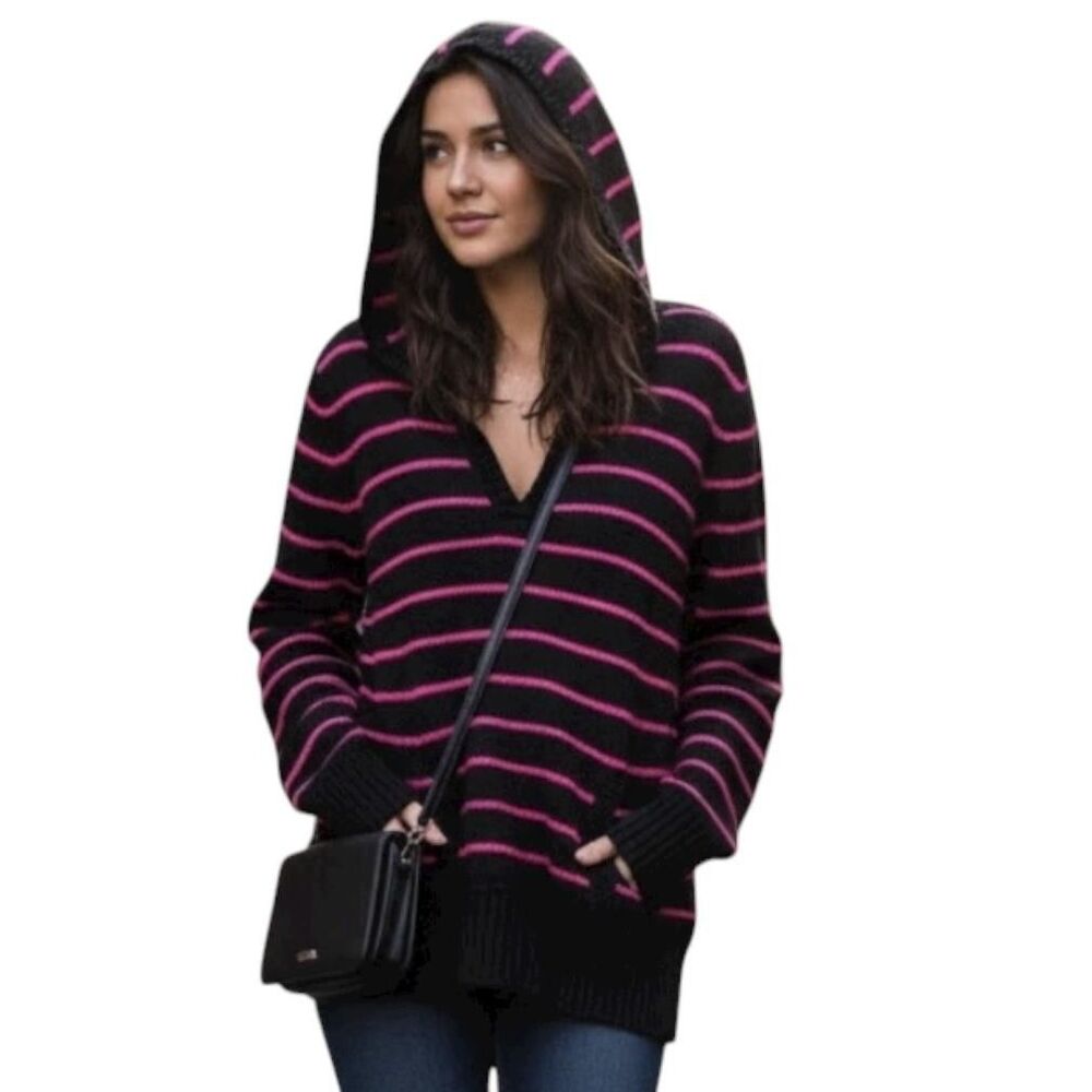 Hooded Sweater Womens Large Black Pink Striped Knit V Neck Kangaroo Pocket Soft